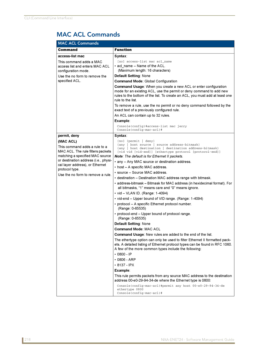 AMX NXA-ENET24 manual MAC ACL Commands, Command Function Access-list mac Syntax, Permit, deny Syntax, Command Mode MAC ACL 