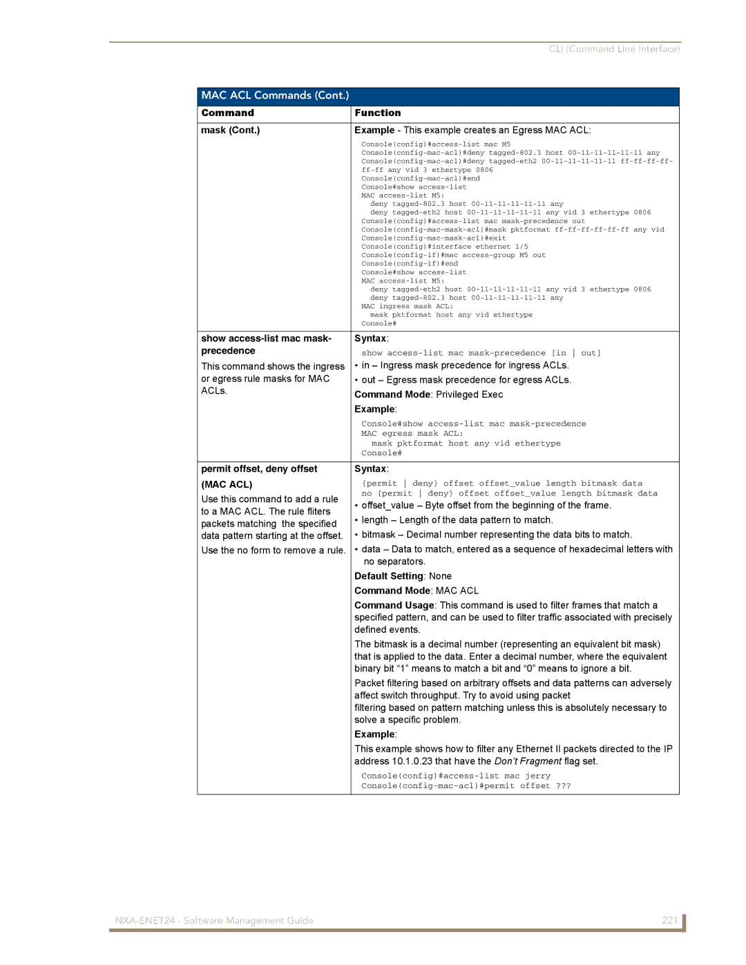 AMX NXA-ENET24 manual Show access-list mac mask Syntax Precedence, Permit offset, deny offset Syntax 