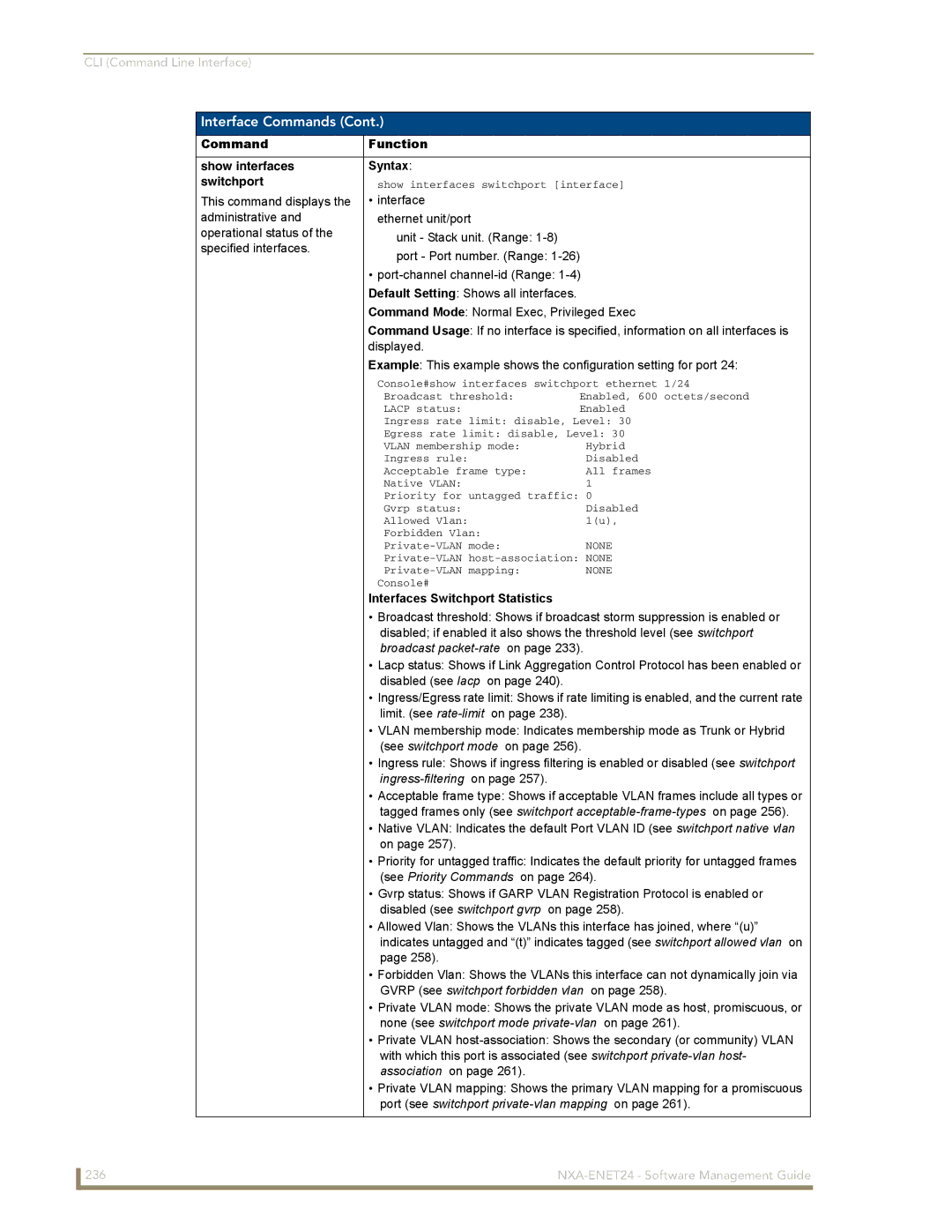 AMX NXA-ENET24 manual Command Function Show interfaces Syntax Switchport, Interfaces Switchport Statistics 