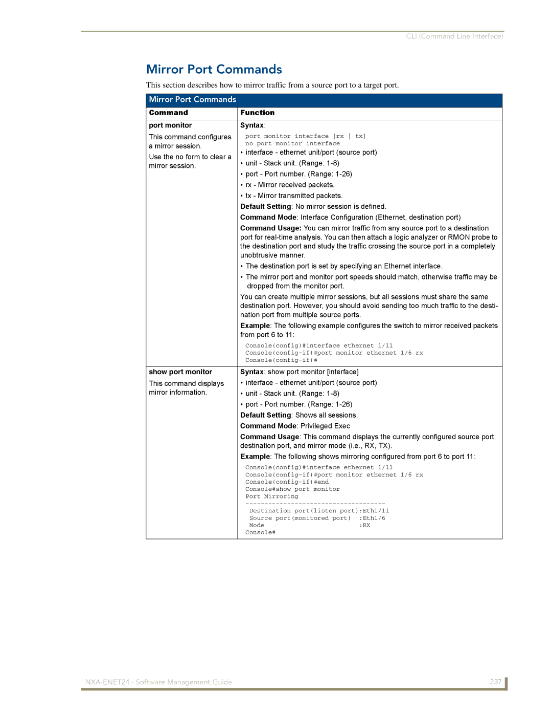 AMX NXA-ENET24 manual Mirror Port Commands, Command Function Port monitor Syntax, Show port monitor 