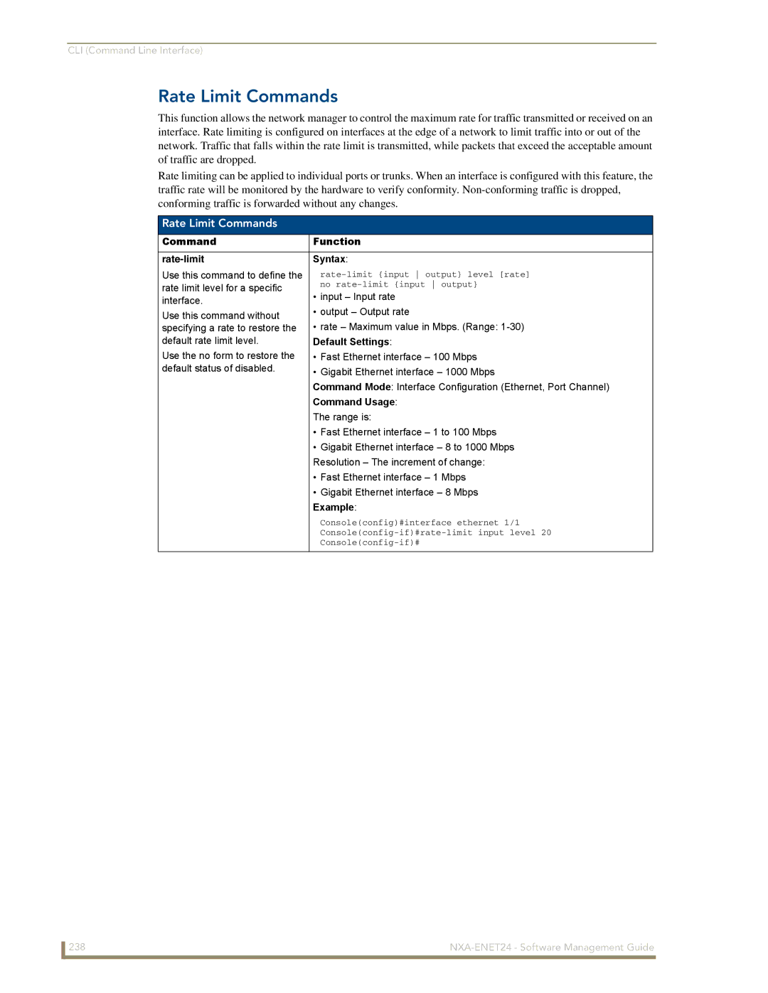 AMX NXA-ENET24 manual Rate Limit Commands, Command Function Rate-limit Syntax 