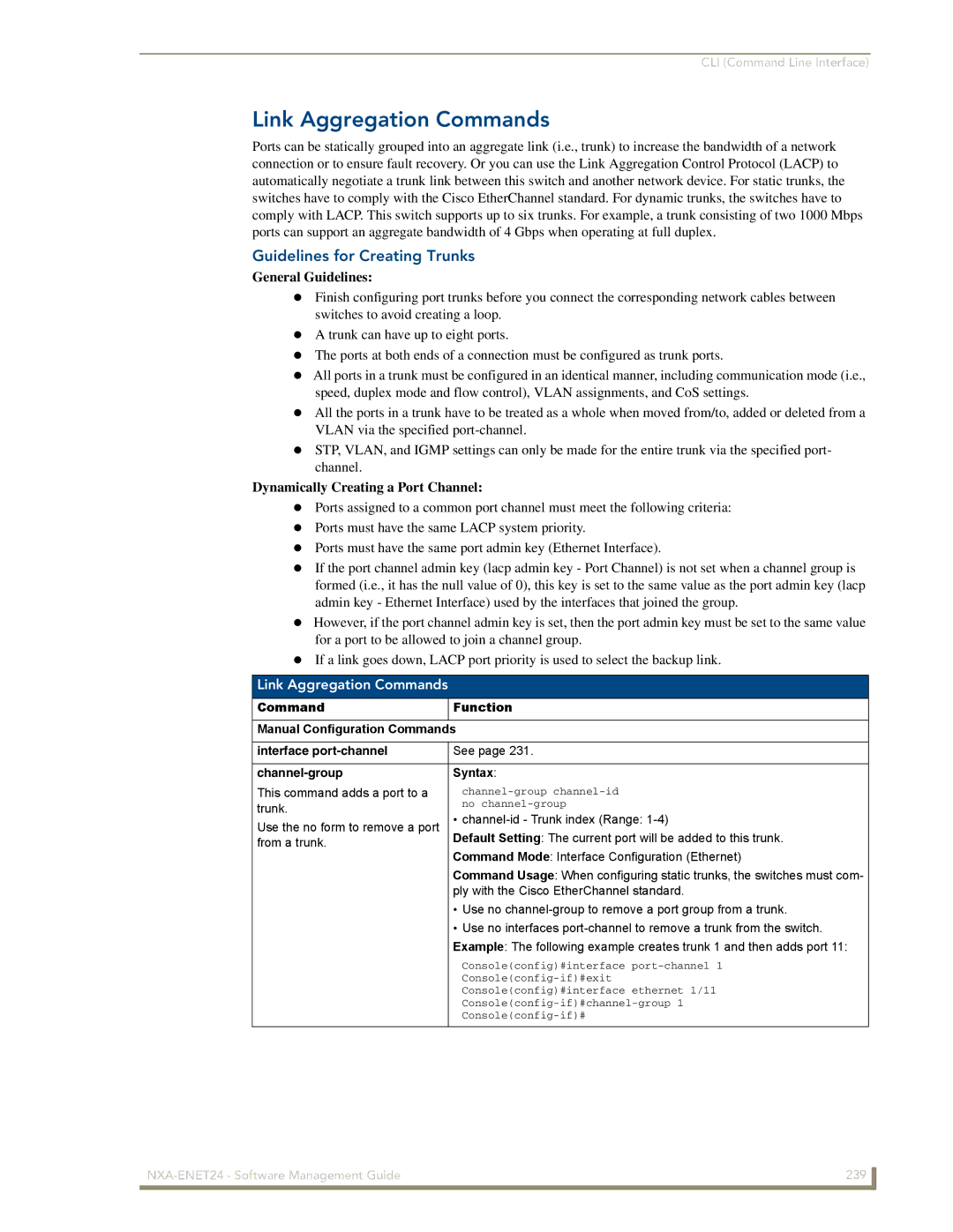 AMX NXA-ENET24 manual Link Aggregation Commands, Guidelines for Creating Trunks, Channel-group Syntax 