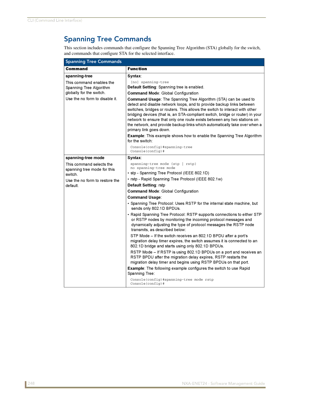 AMX NXA-ENET24 manual Spanning Tree Commands, Command Function Spanning-tree Syntax, Spanning-tree mode Syntax 