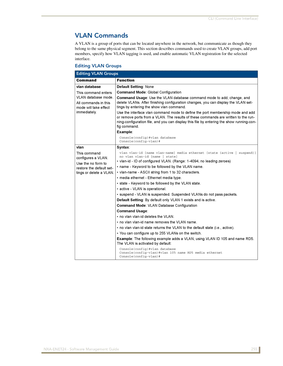 AMX NXA-ENET24 manual Vlan Commands, Editing Vlan Groups, Command Function Vlan database Default Setting None, Vlan Syntax 