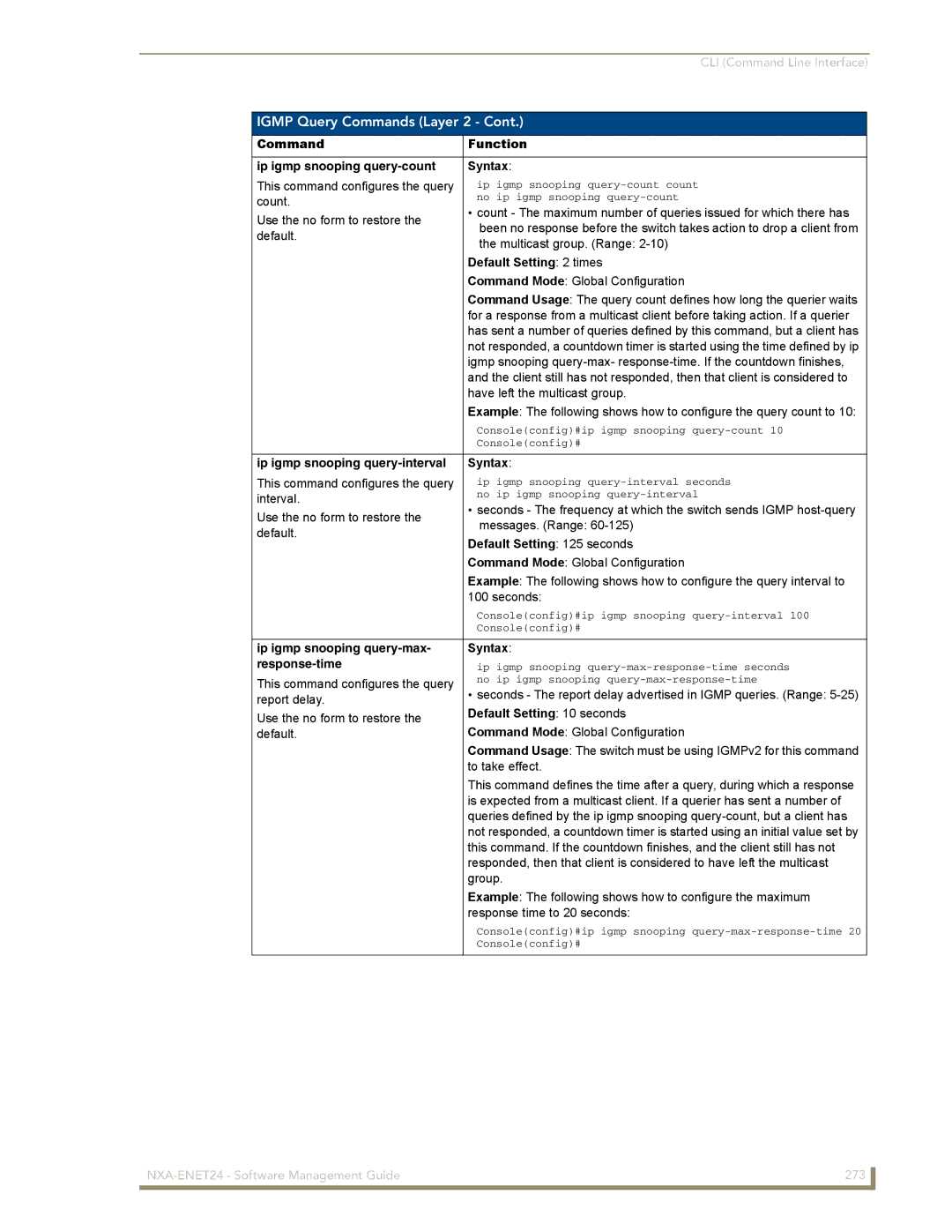 AMX NXA-ENET24 manual Igmp Query Commands Layer 2, Ip igmp snooping query-interval Syntax 