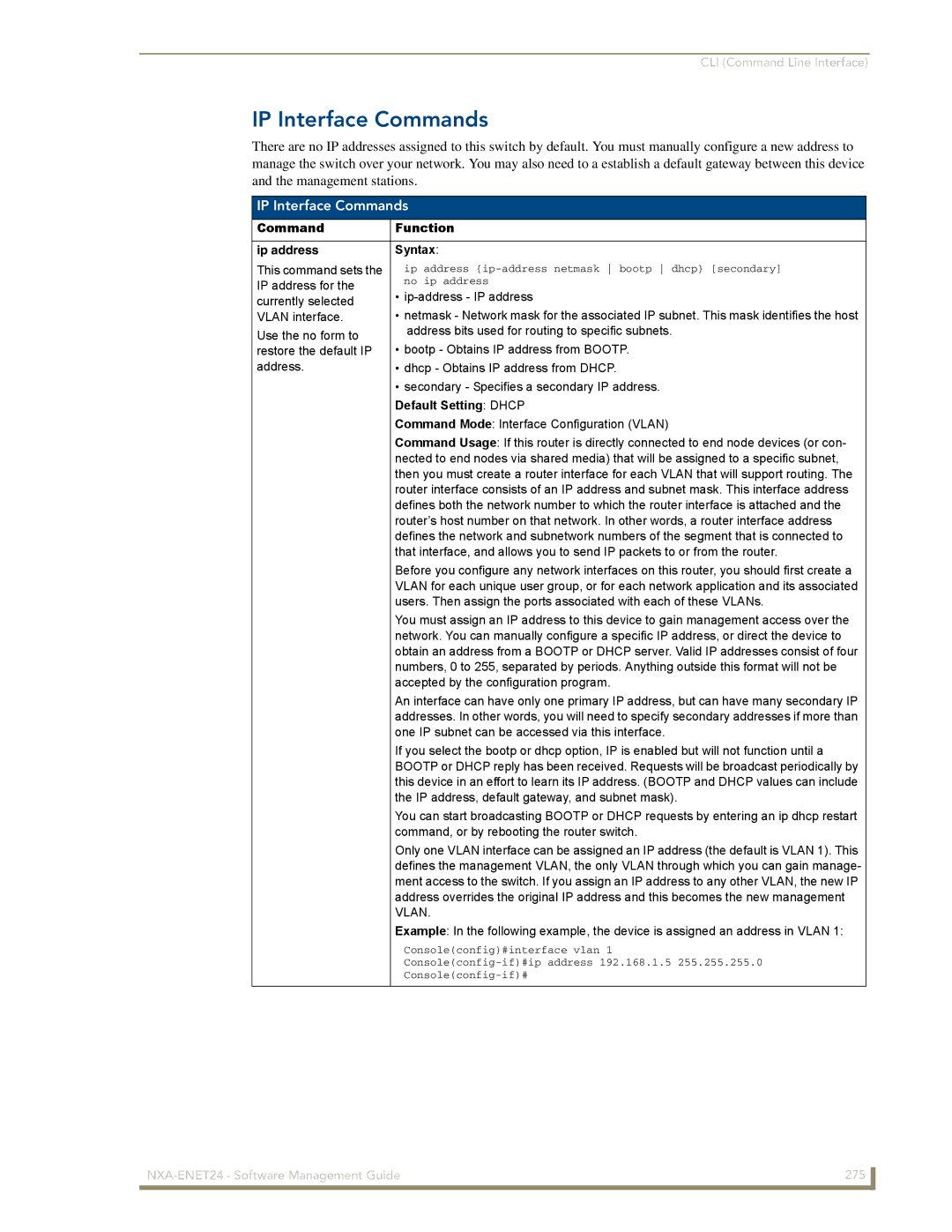 AMX NXA-ENET24 manual IP Interface Commands, Command Function Ip address Syntax, Default Setting Dhcp 