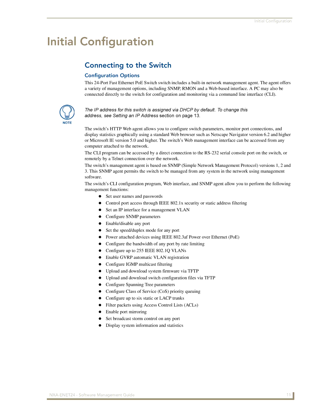 AMX NXA-ENET24 manual Initial Configuration, Connecting to the Switch, Configuration Options 