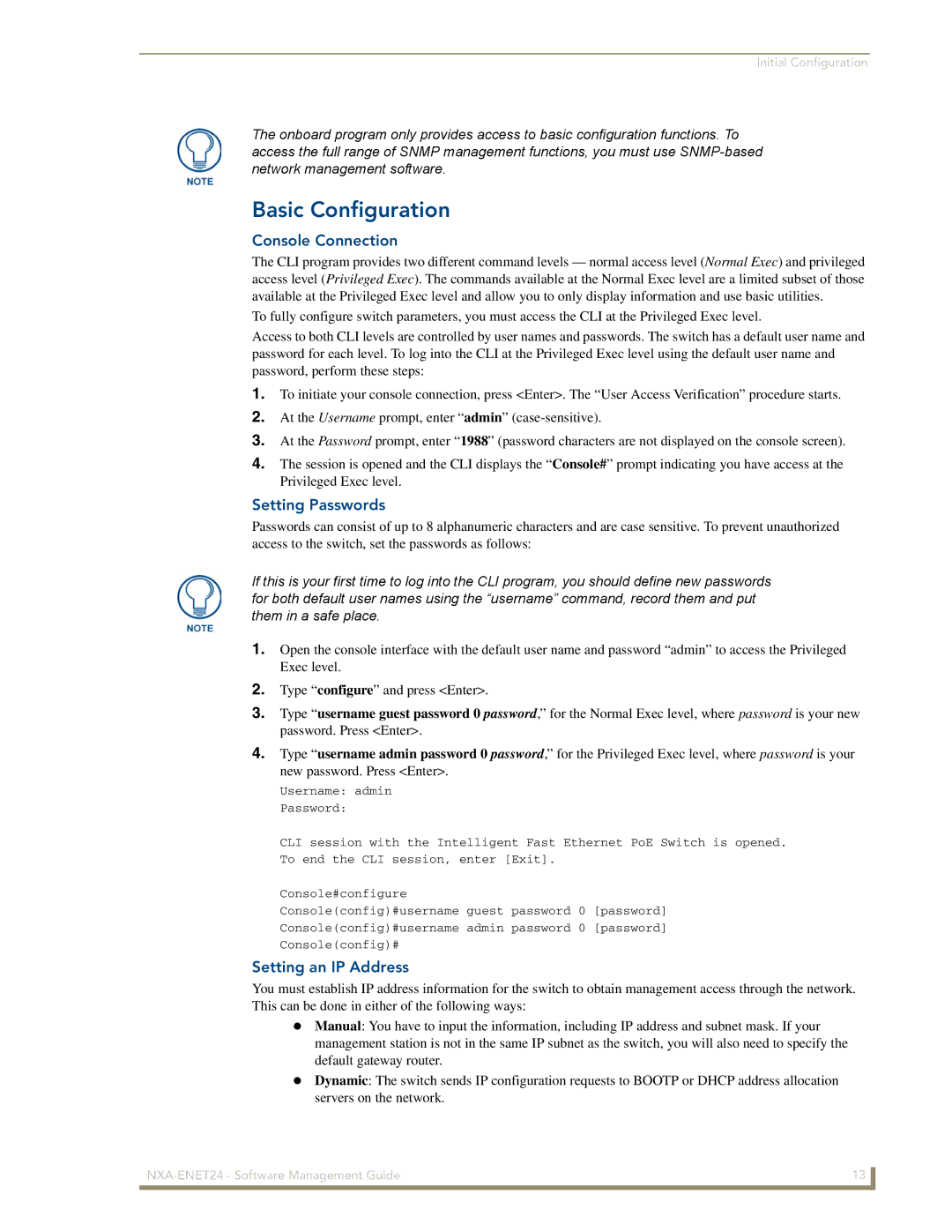 AMX NXA-ENET24 manual Basic Configuration, Console Connection, Setting Passwords, Setting an IP Address 