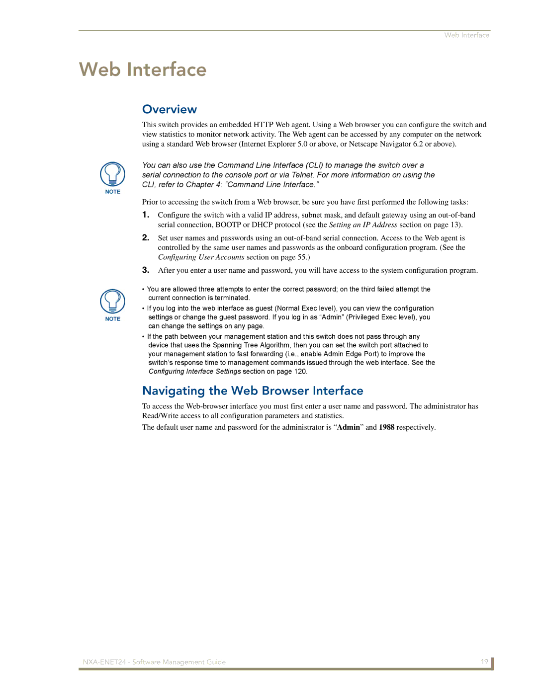 AMX NXA-ENET24 manual Web Interface, Overview, Navigating the Web Browser Interface 