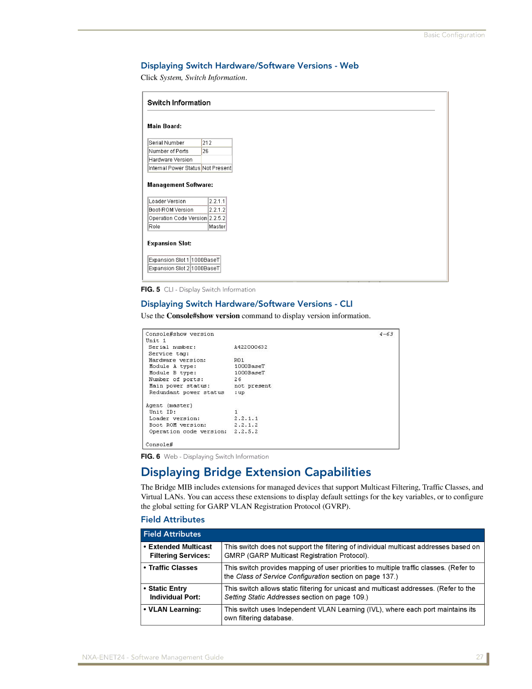 AMX NXA-ENET24 manual Displaying Bridge Extension Capabilities, Displaying Switch Hardware/Software Versions Web 