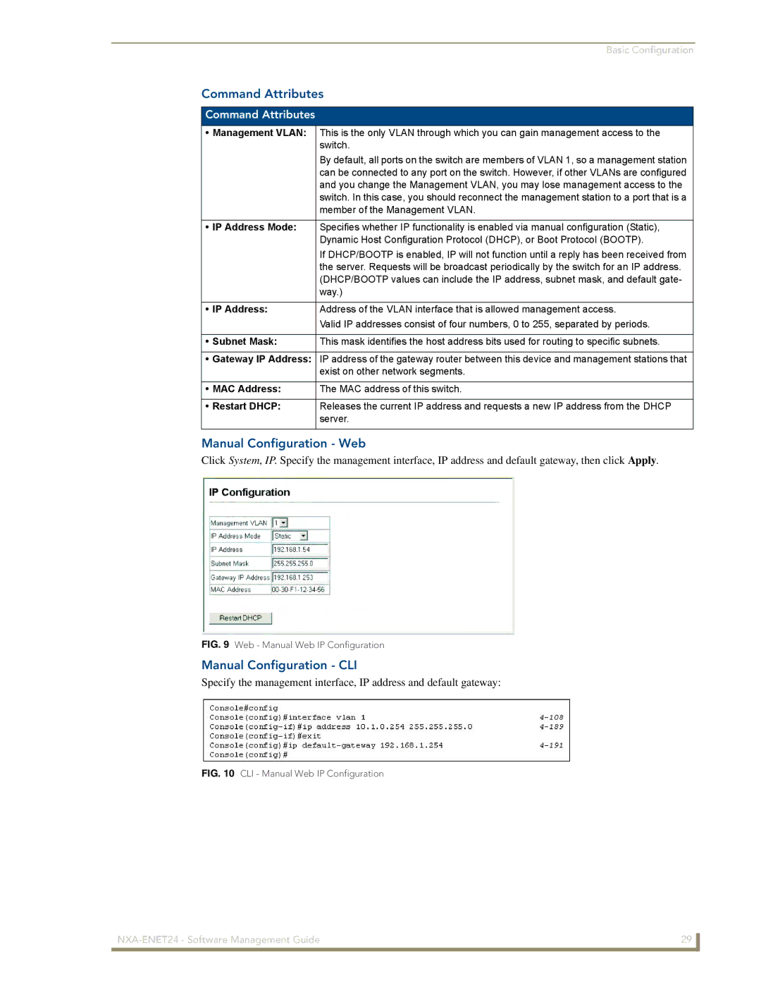 AMX NXA-ENET24 manual Command Attributes, Manual Configuration Web, Manual Configuration CLI 