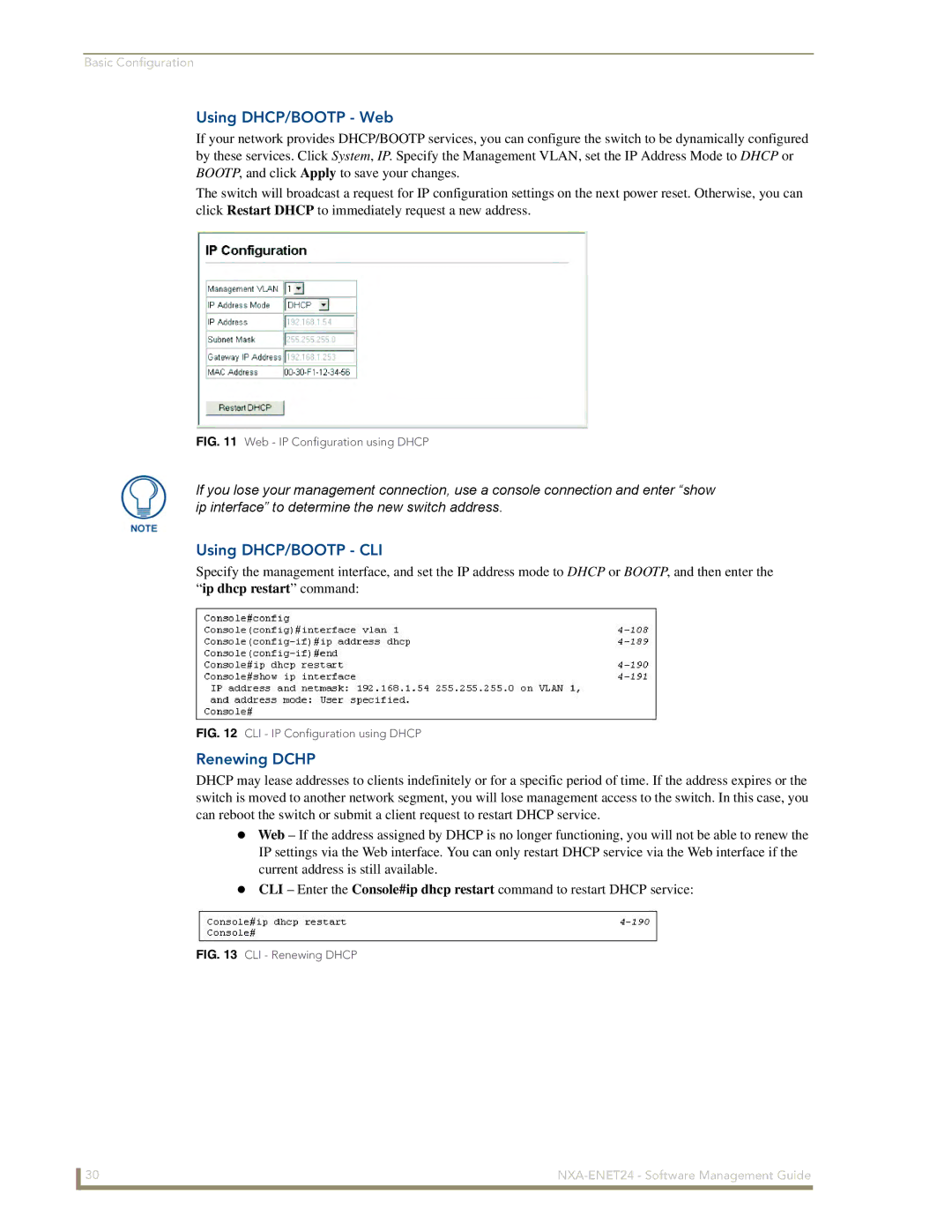 AMX NXA-ENET24 manual Using DHCP/BOOTP Web, Using DHCP/BOOTP CLI, Renewing Dchp 