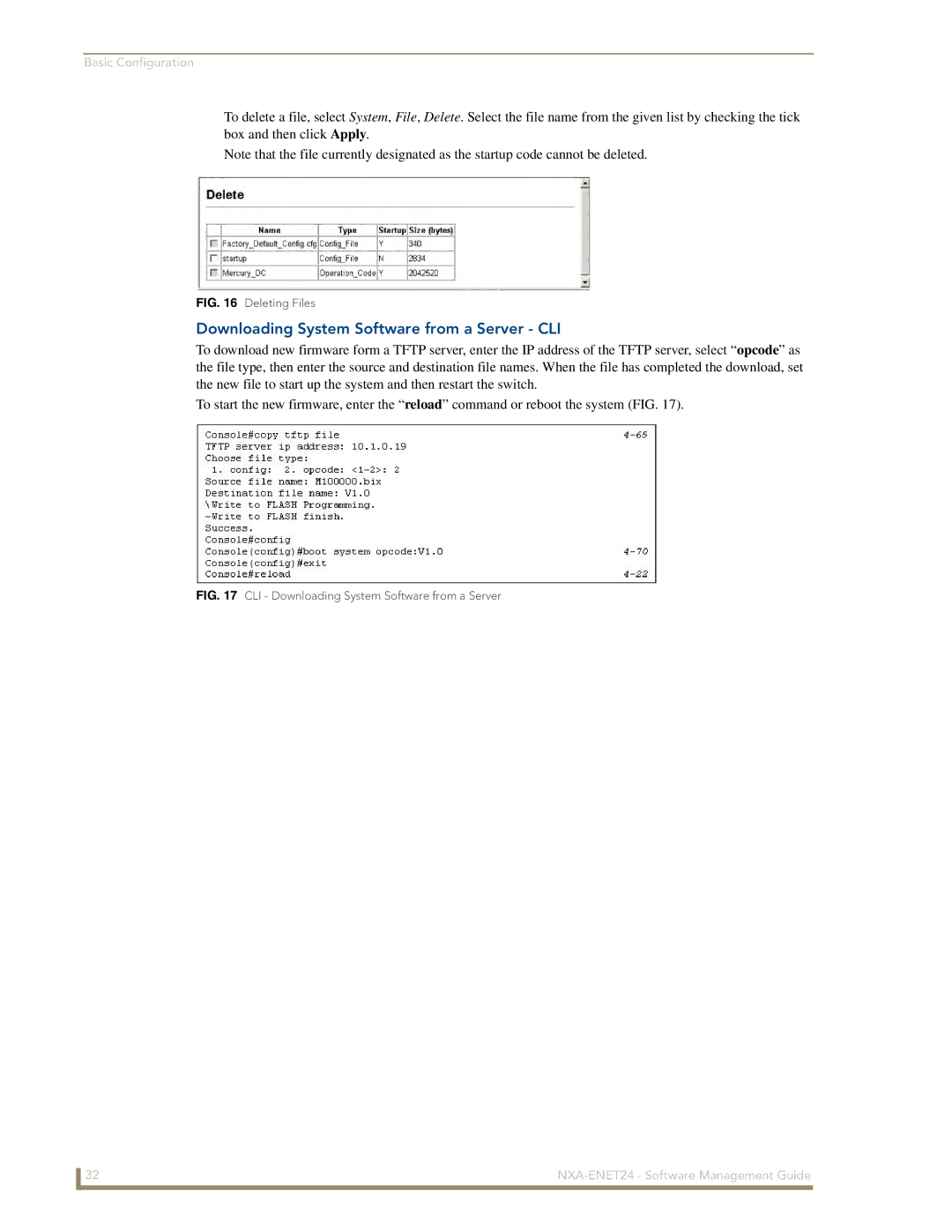 AMX NXA-ENET24 manual Downloading System Software from a Server CLI, Deleting Files 