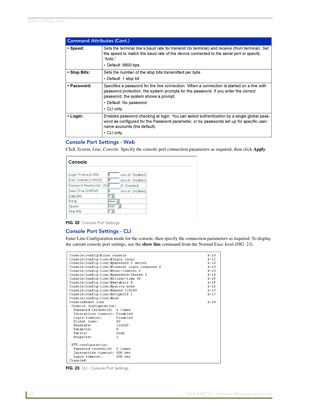 AMX NXA-ENET24 manual Console Port Settings Web, Console Port Settings CLI 