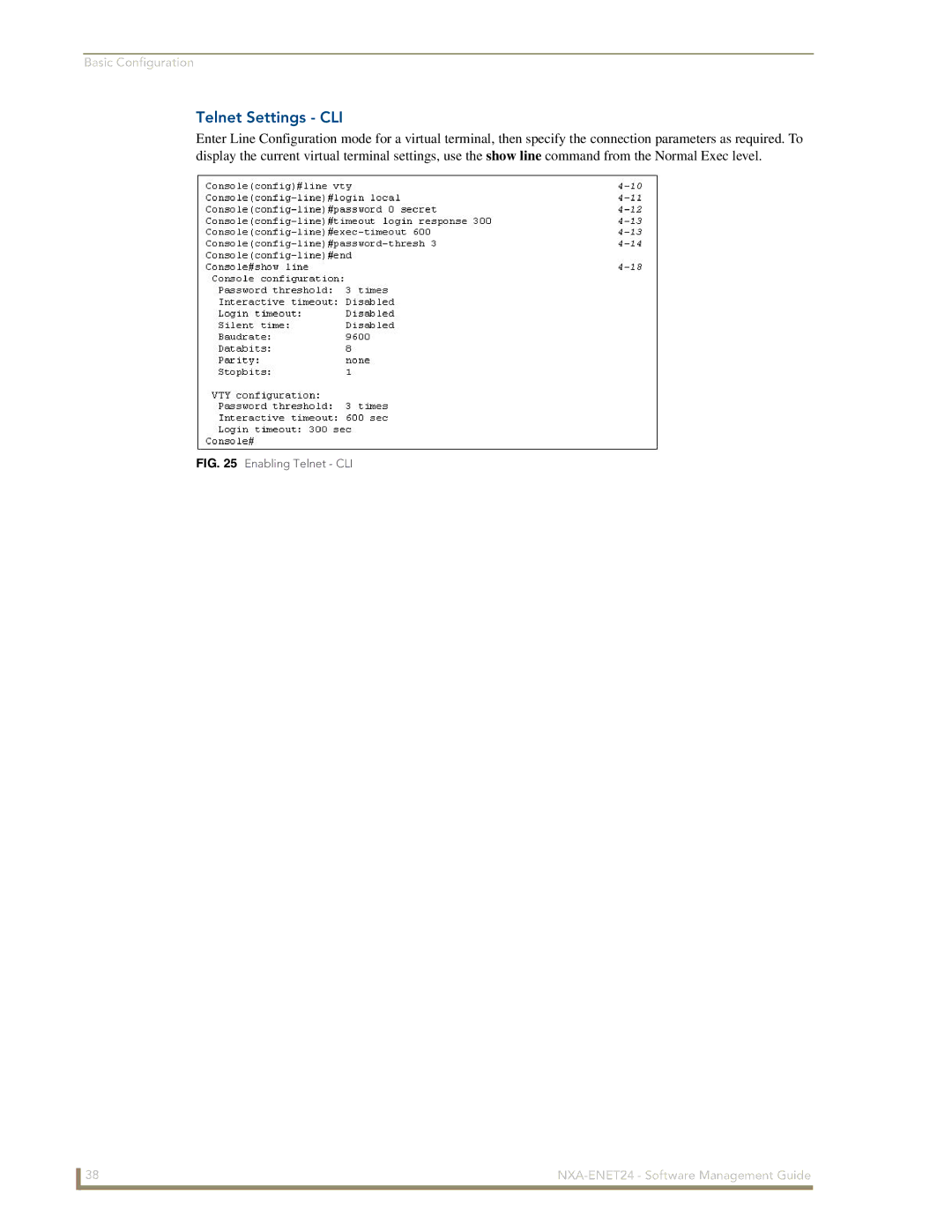 AMX NXA-ENET24 manual Telnet Settings CLI, Enabling Telnet CLI 