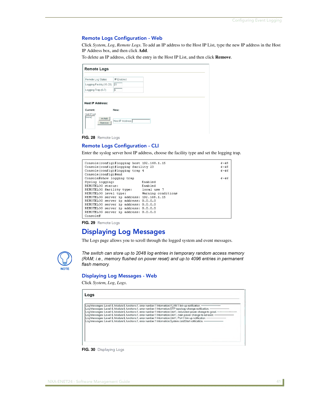 AMX NXA-ENET24 manual Displaying Log Messages, Remote Logs Configuration Web, Remote Logs Configuration CLI 