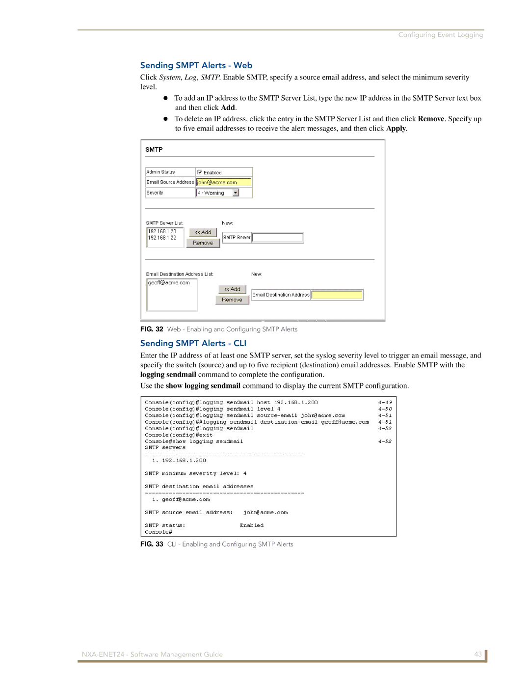 AMX NXA-ENET24 manual Sending Smpt Alerts Web, Sending Smpt Alerts CLI 