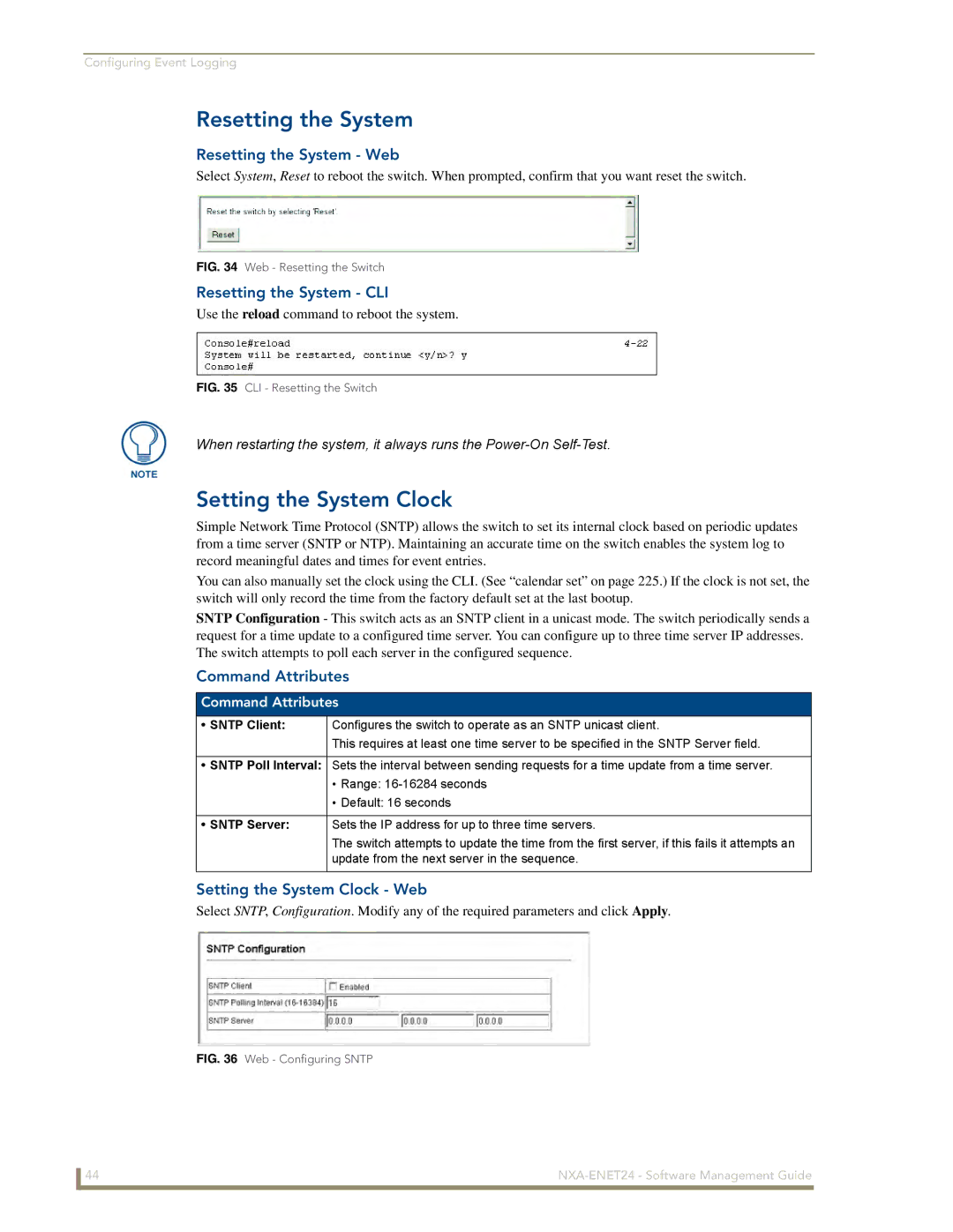 AMX NXA-ENET24 manual Setting the System Clock, Resetting the System Web, Resetting the System CLI 