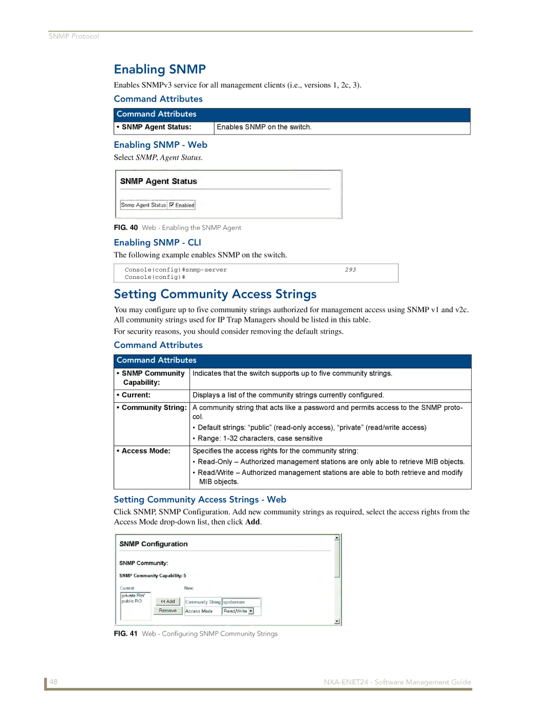 AMX NXA-ENET24 manual Setting Community Access Strings, Enabling Snmp Web, Enabling Snmp CLI 