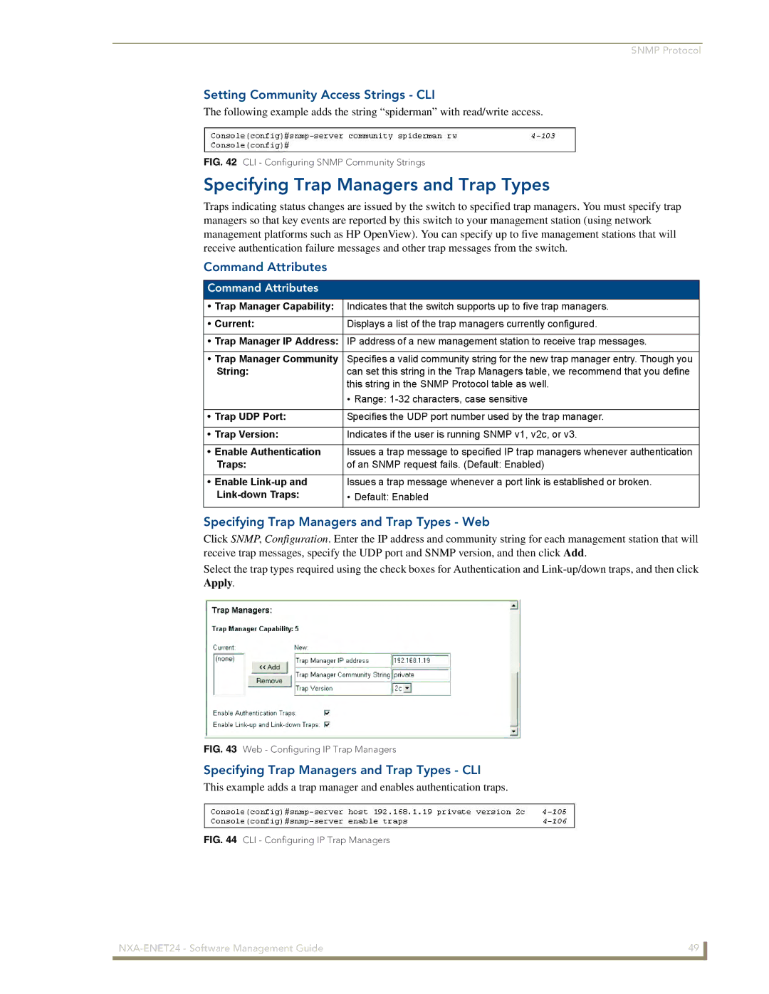 AMX NXA-ENET24 manual Specifying Trap Managers and Trap Types, Setting Community Access Strings CLI 