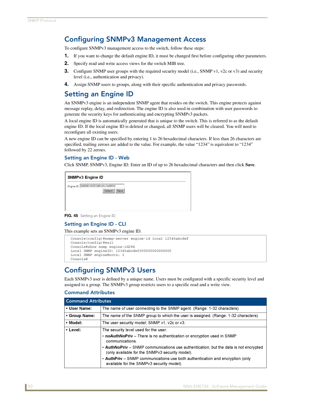 AMX NXA-ENET24 manual Configuring SNMPv3 Management Access, Setting an Engine ID, Configuring SNMPv3 Users 