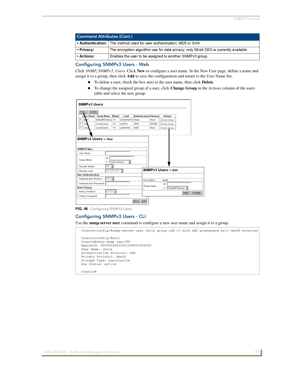 AMX NXA-ENET24 manual Configuring SNMPv3 Users Web, Configuring SNMPv3 Users CLI 