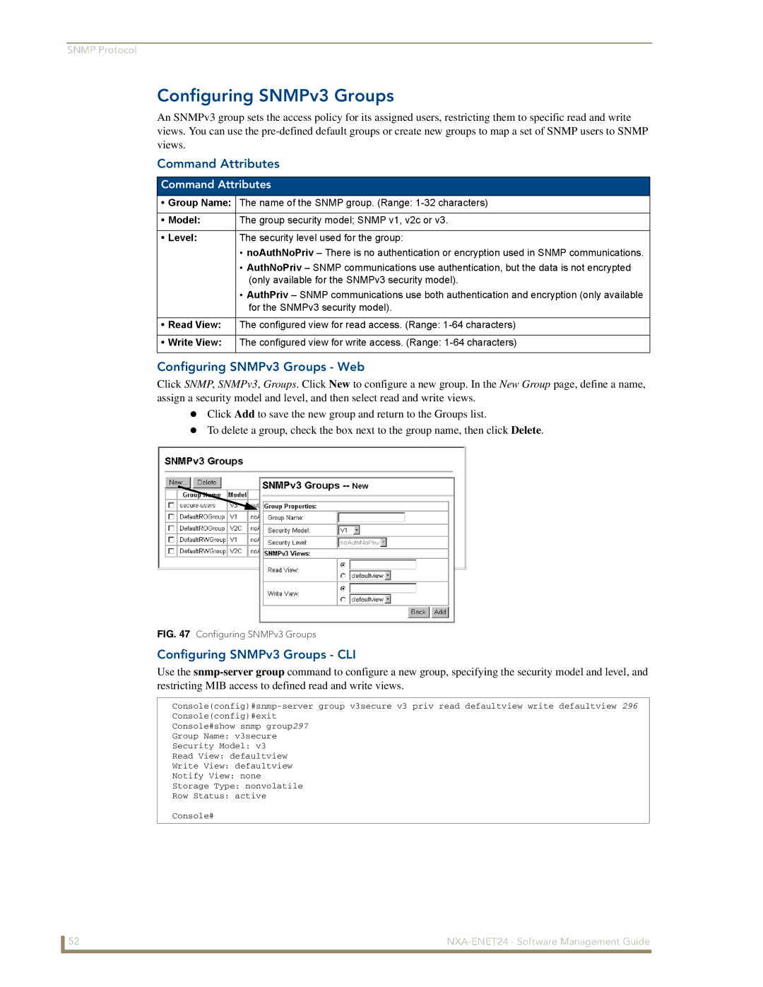 AMX NXA-ENET24 manual Configuring SNMPv3 Groups Web, Configuring SNMPv3 Groups CLI 