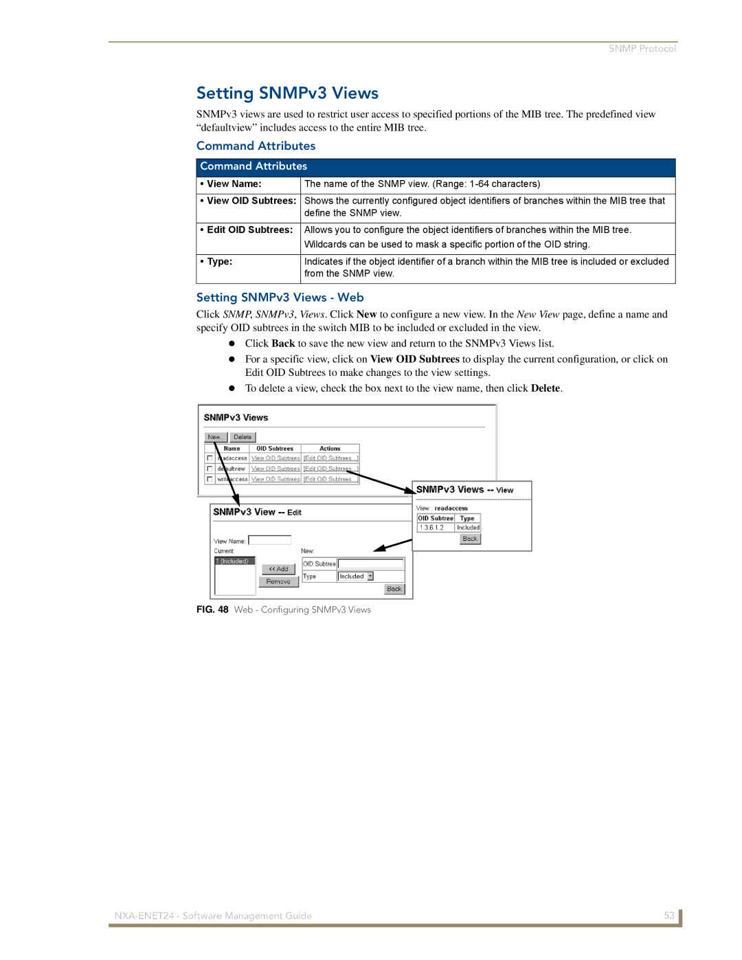 AMX NXA-ENET24 manual Setting SNMPv3 Views Web, Type, From the Snmp view 