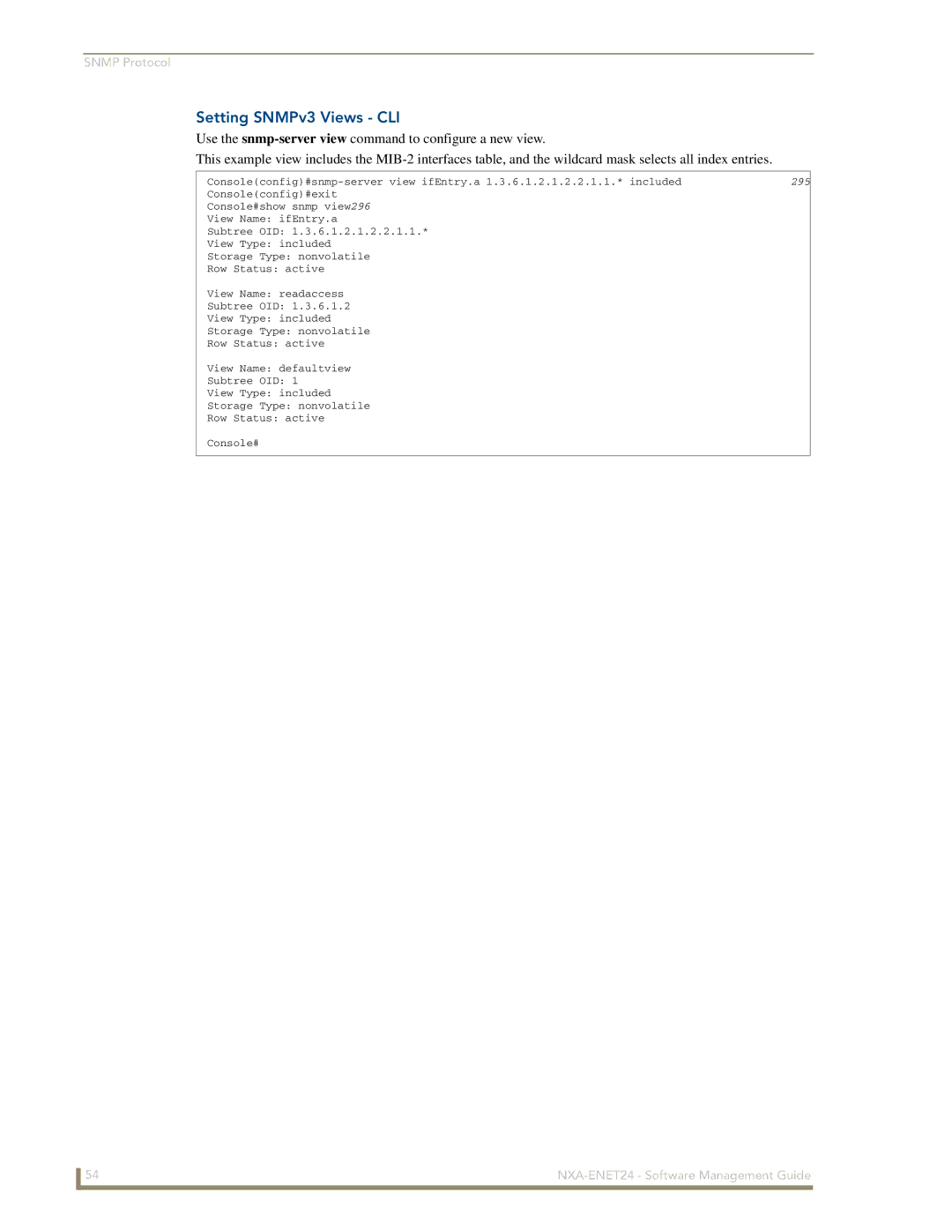 AMX NXA-ENET24 manual Setting SNMPv3 Views CLI, 295 