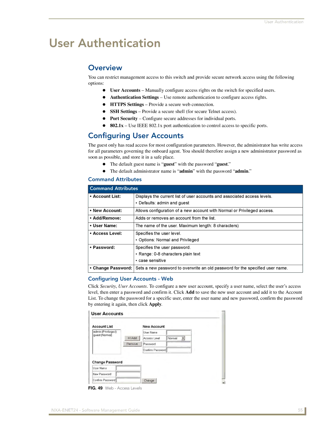 AMX NXA-ENET24 manual User Authentication, Configuring User Accounts Web 