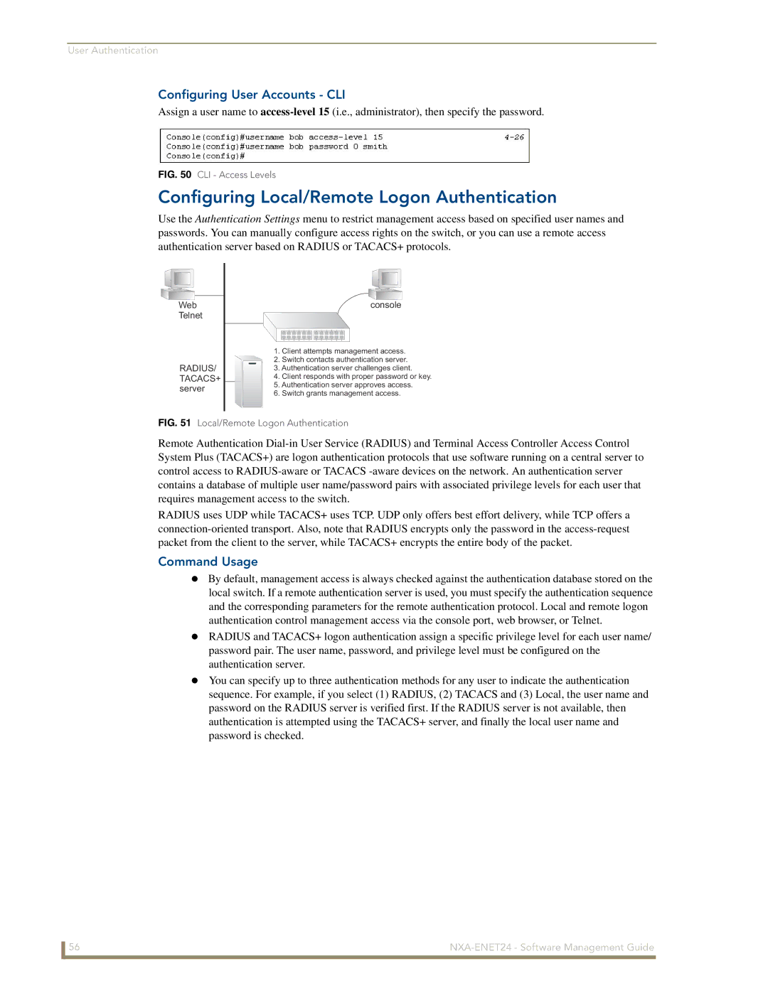 AMX NXA-ENET24 manual Configuring Local/Remote Logon Authentication, Configuring User Accounts CLI 