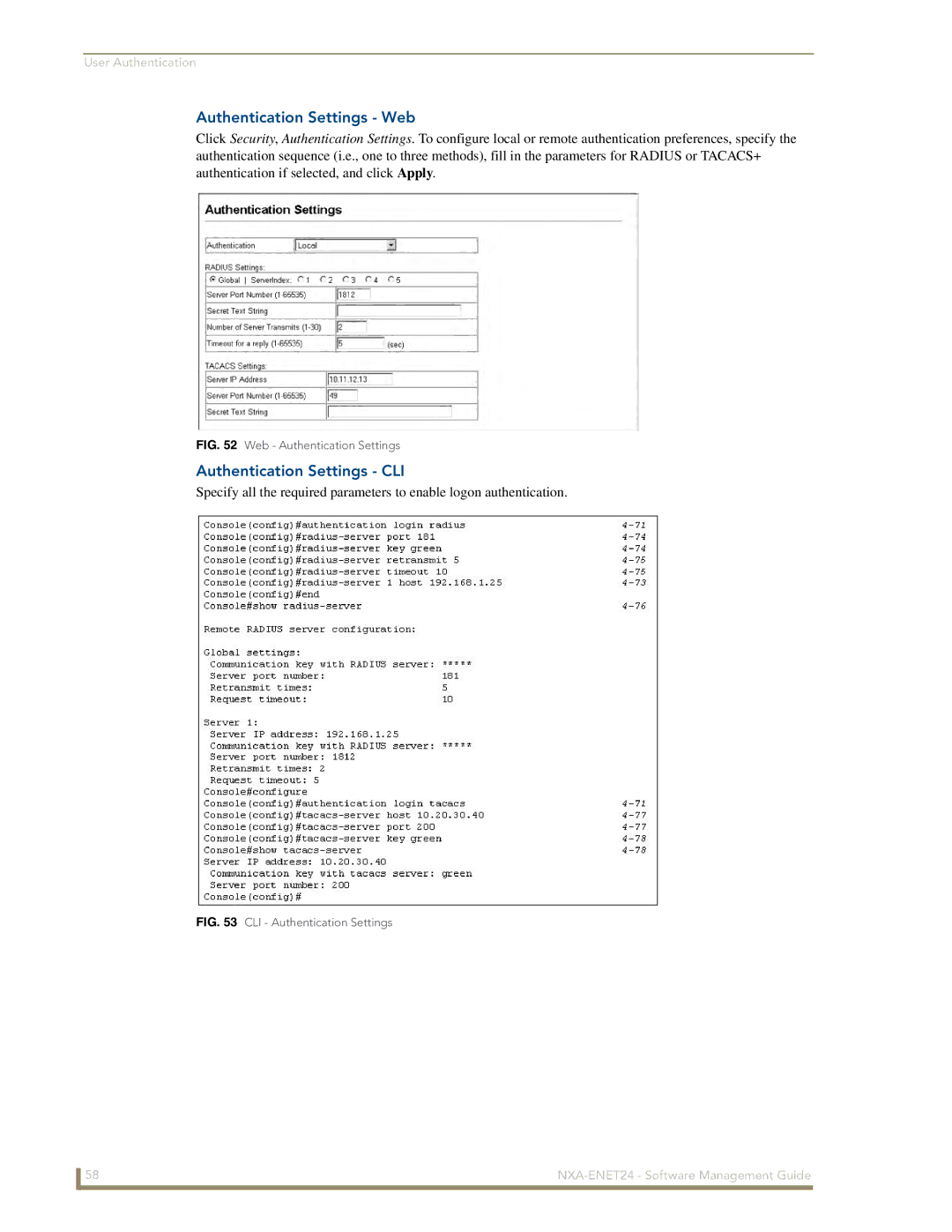 AMX NXA-ENET24 manual Authentication Settings Web, Authentication Settings CLI 