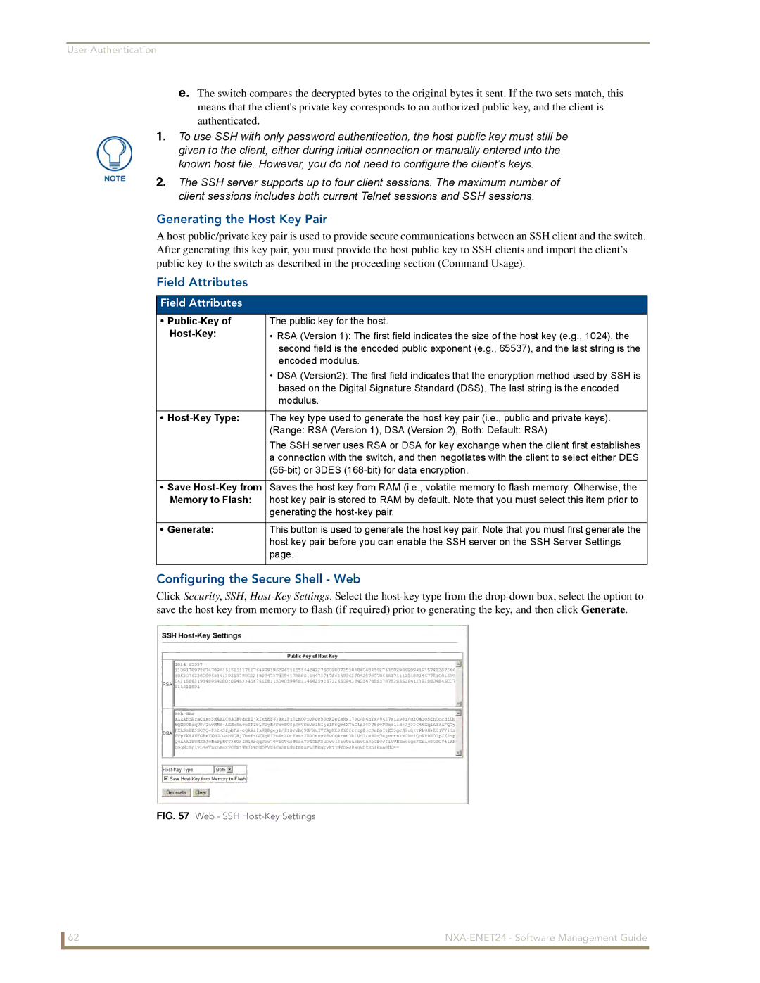 AMX NXA-ENET24 manual Generating the Host Key Pair, Configuring the Secure Shell Web 