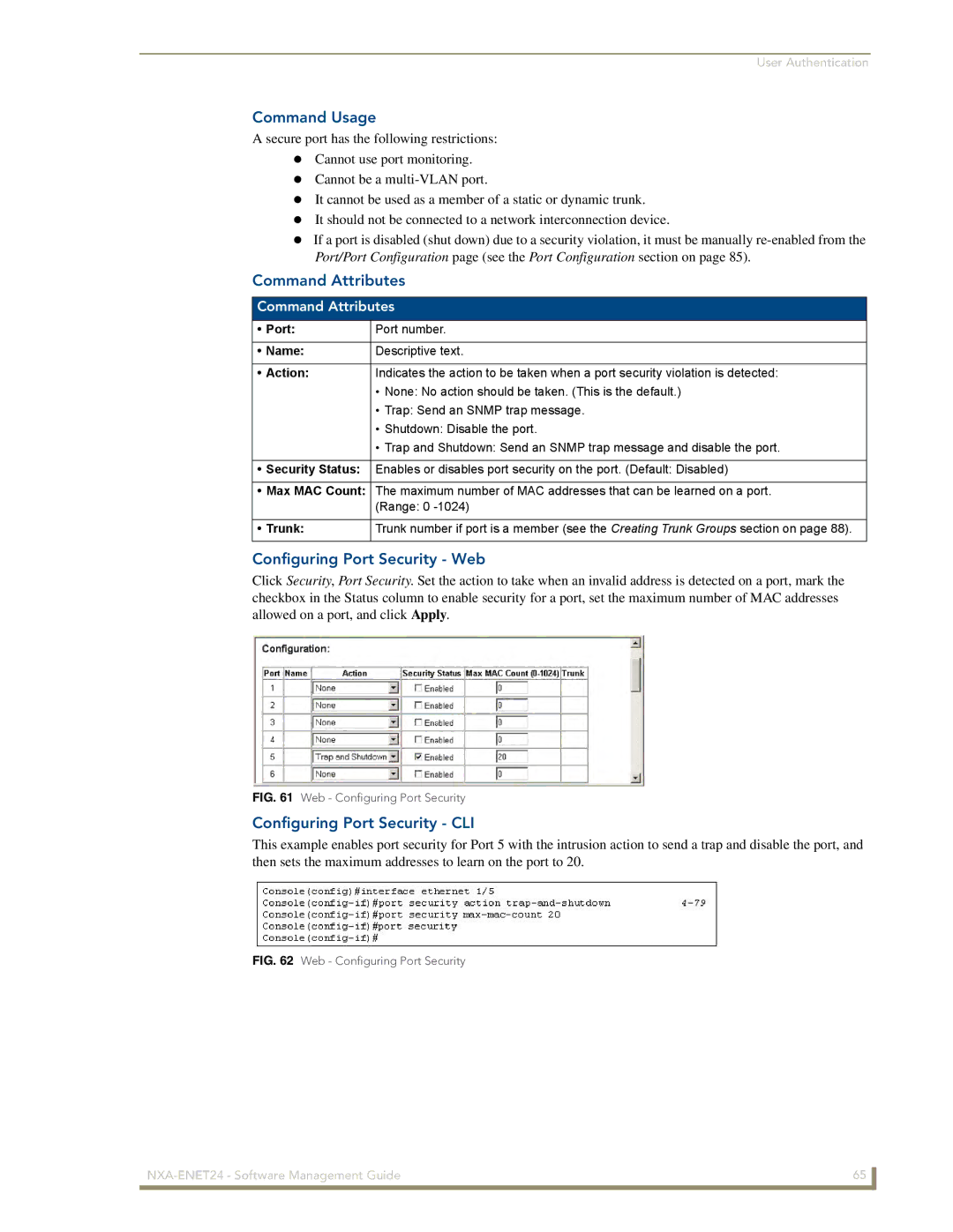 AMX NXA-ENET24 manual Configuring Port Security Web, Configuring Port Security CLI, Port Port number Name Descriptive text 