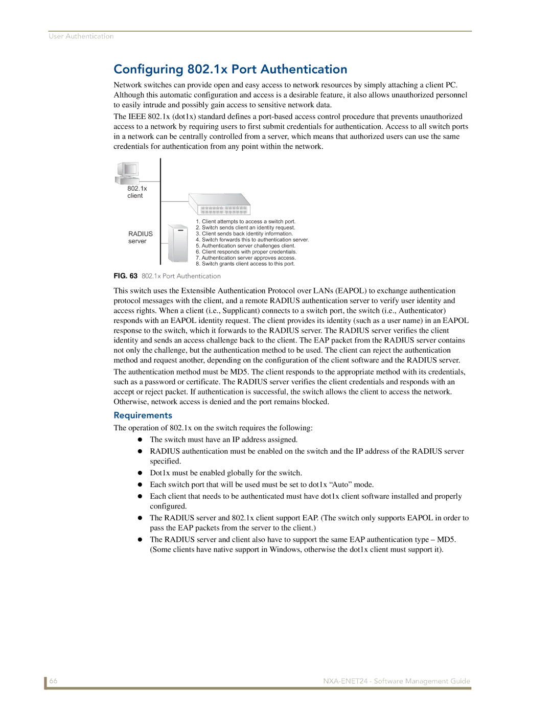 AMX NXA-ENET24 manual Configuring 802.1x Port Authentication, Requirements 