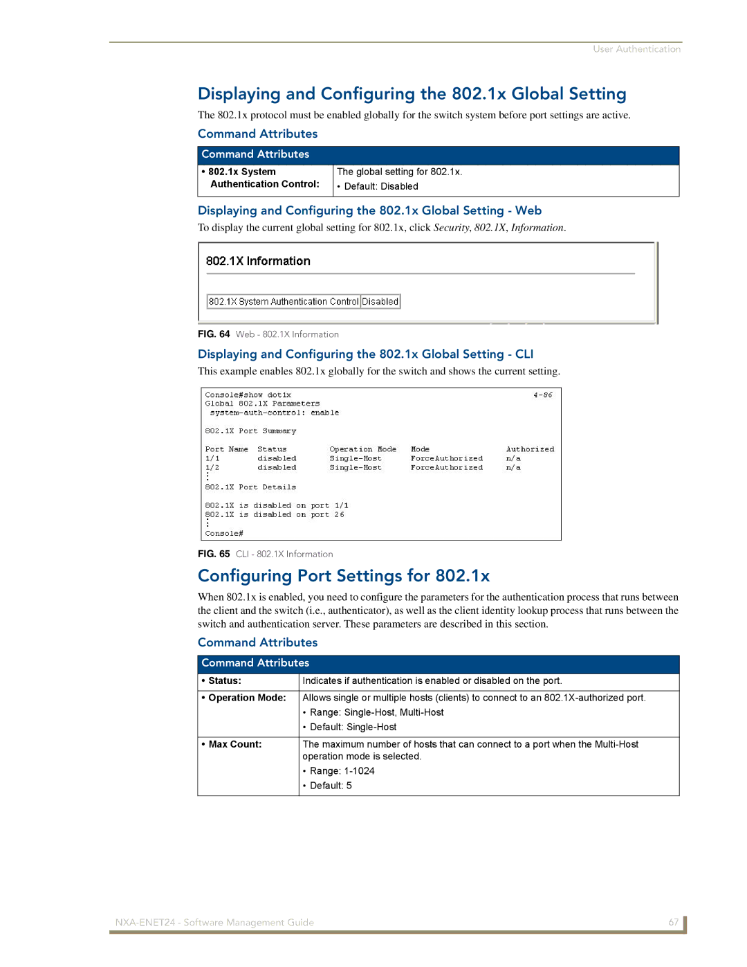 AMX NXA-ENET24 manual Displaying and Configuring the 802.1x Global Setting, Configuring Port Settings for 