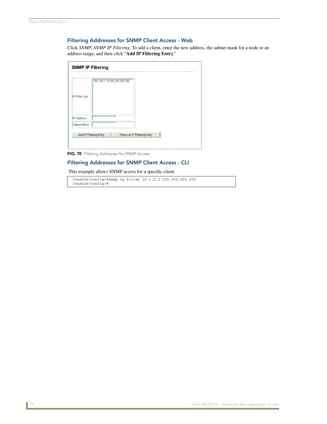 AMX NXA-ENET24 manual Filtering Addresses for Snmp Client Access Web, Filtering Addresses for Snmp Client Access CLI 