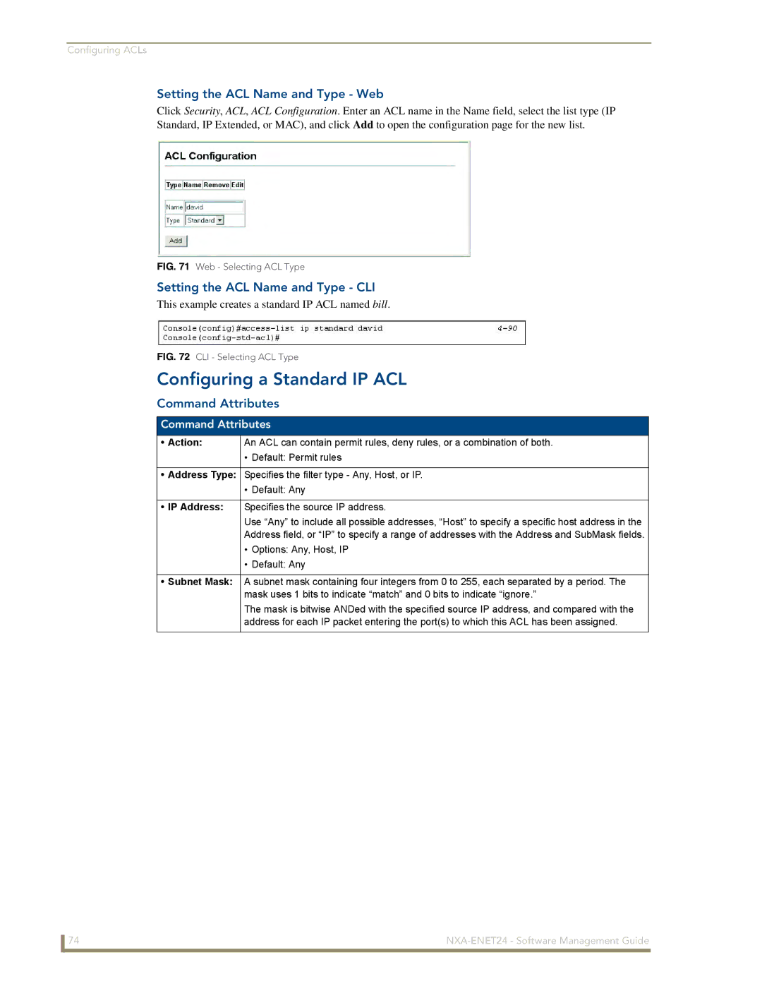 AMX NXA-ENET24 manual Configuring a Standard IP ACL, Setting the ACL Name and Type Web, Setting the ACL Name and Type CLI 