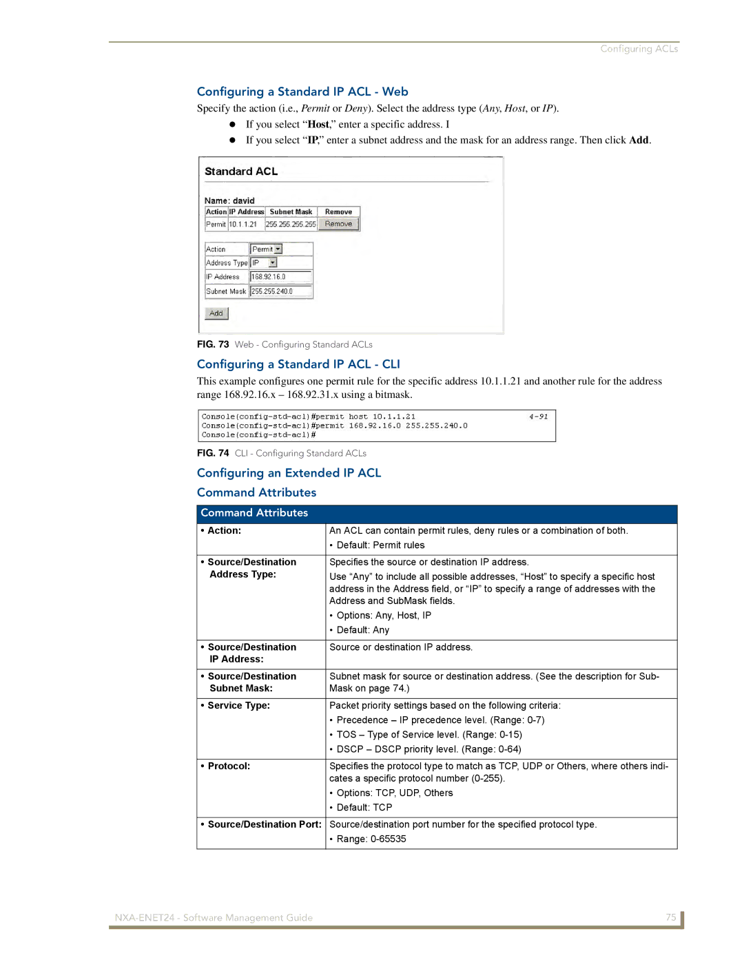 AMX NXA-ENET24 manual Configuring a Standard IP ACL Web, Configuring a Standard IP ACL CLI 