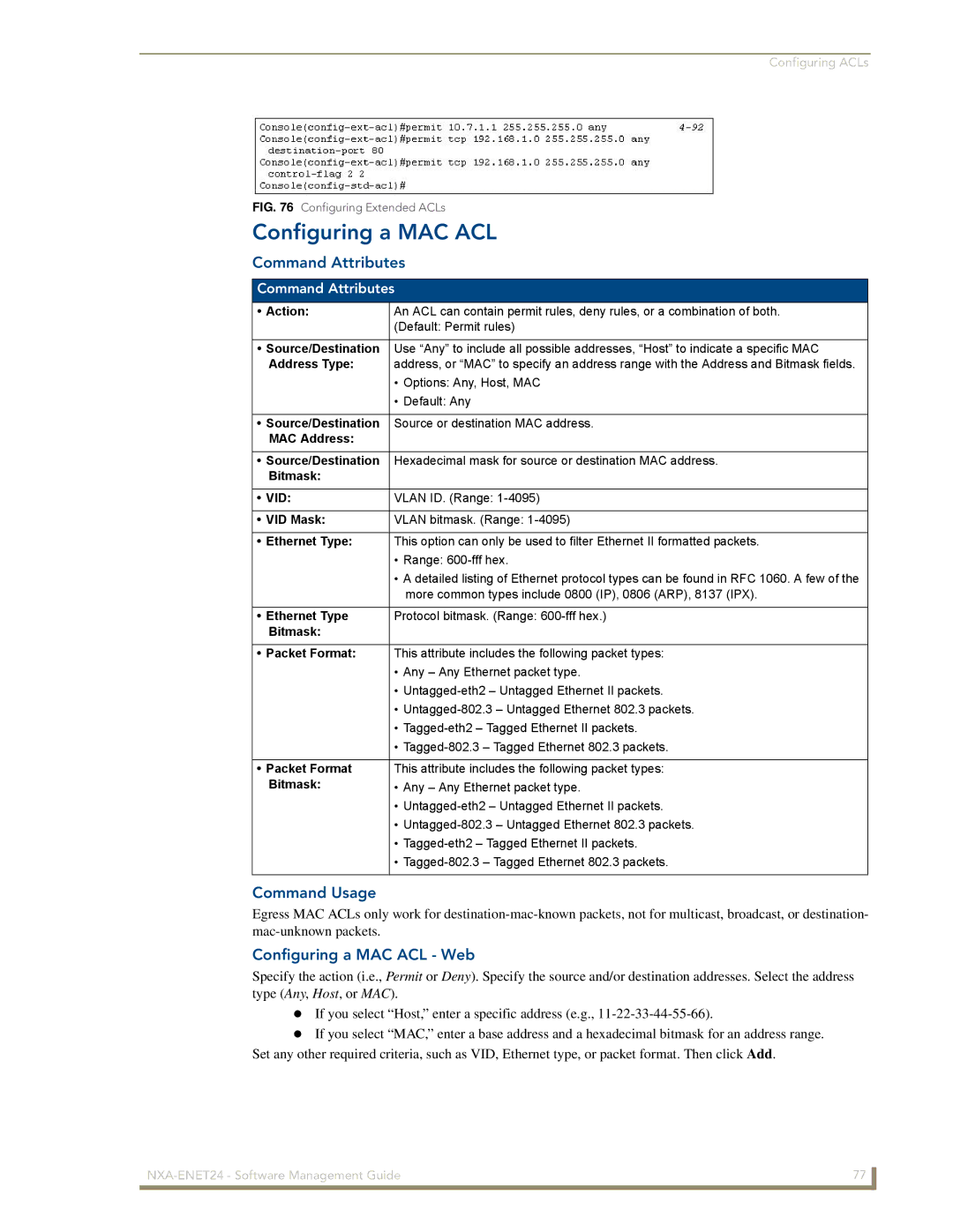 AMX NXA-ENET24 manual Configuring a MAC ACL Web 