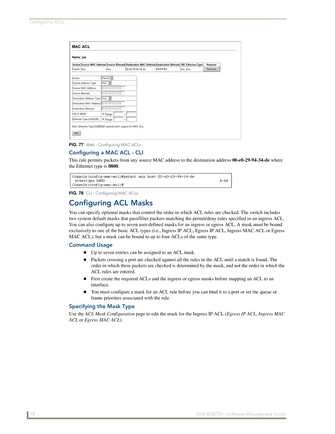 AMX NXA-ENET24 manual Configuring ACL Masks, Configuring a MAC ACL CLI, Specifying the Mask Type 