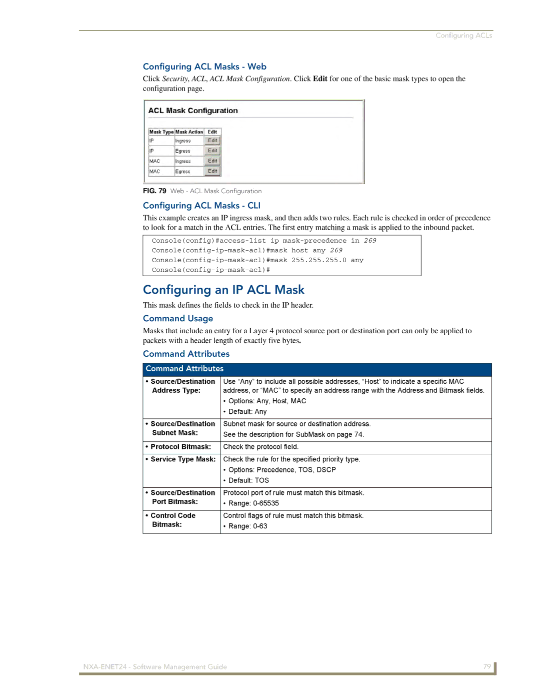 AMX NXA-ENET24 manual Configuring an IP ACL Mask, Configuring ACL Masks Web, Configuring ACL Masks CLI 