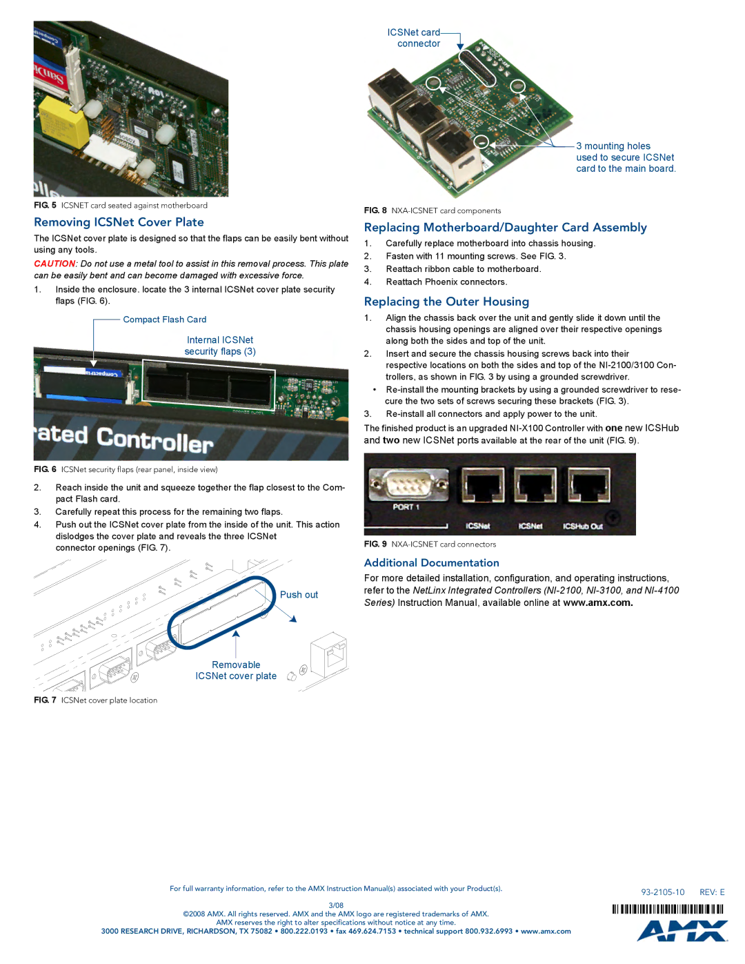 AMX NXA-ICSNET Removing ICSNet Cover Plate, Replacing Motherboard/Daughter Card Assembly, Replacing the Outer Housing 