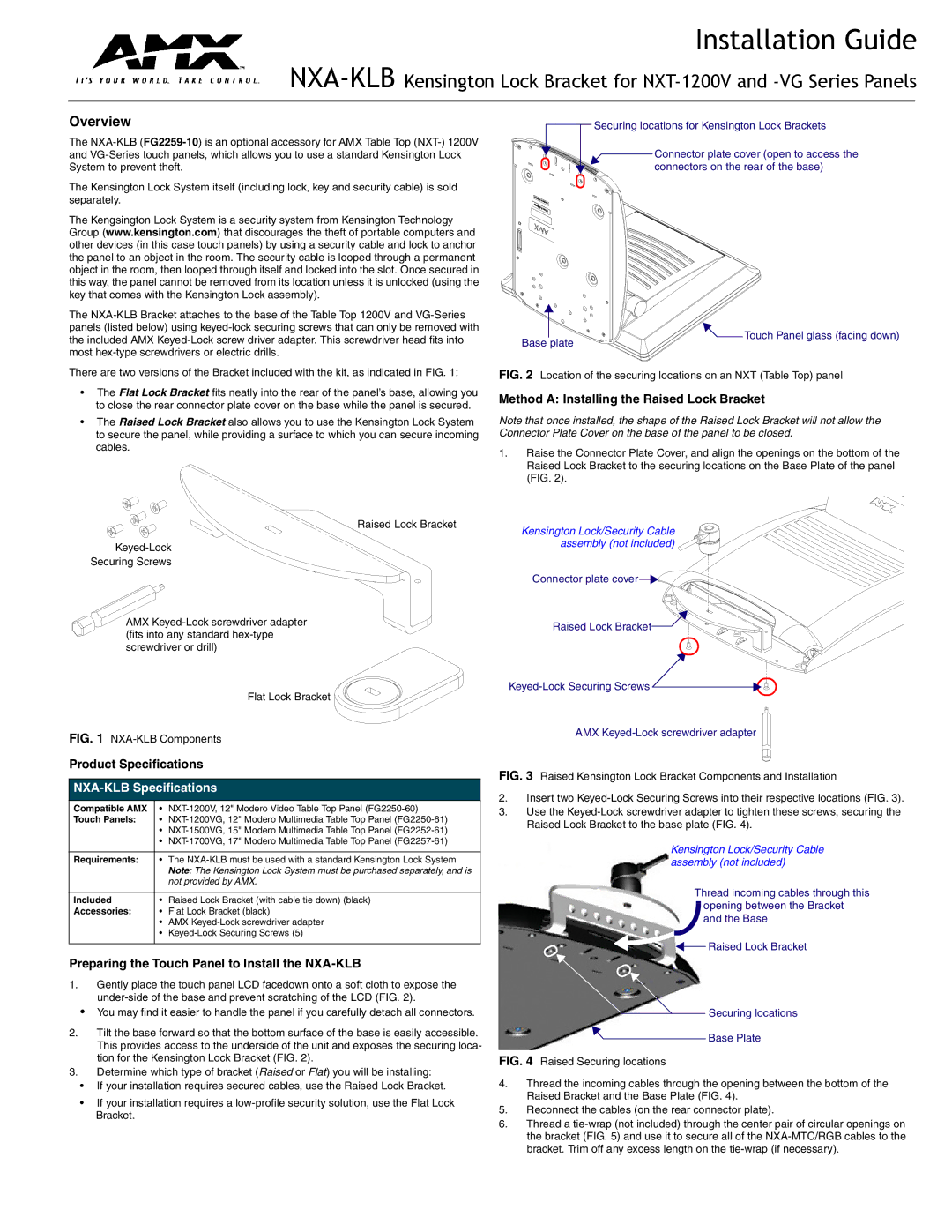 AMX NXA-KLB specifications Method a Installing the Raised Lock Bracket, Product Specifications 