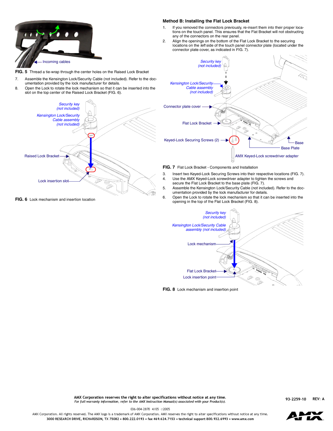 AMX NXA-KLB specifications Method B Installing the Flat Lock Bracket, 93-2259-10 