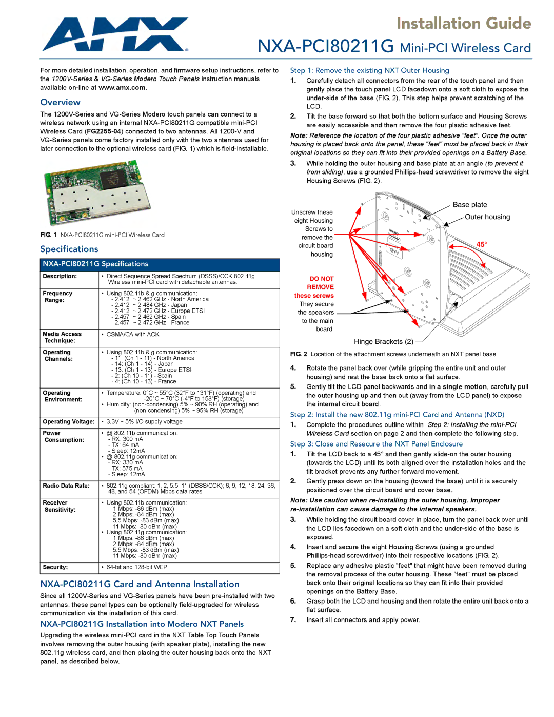 AMX specifications Overview, Specifications, NXA-PCI80211G Card and Antenna Installation 