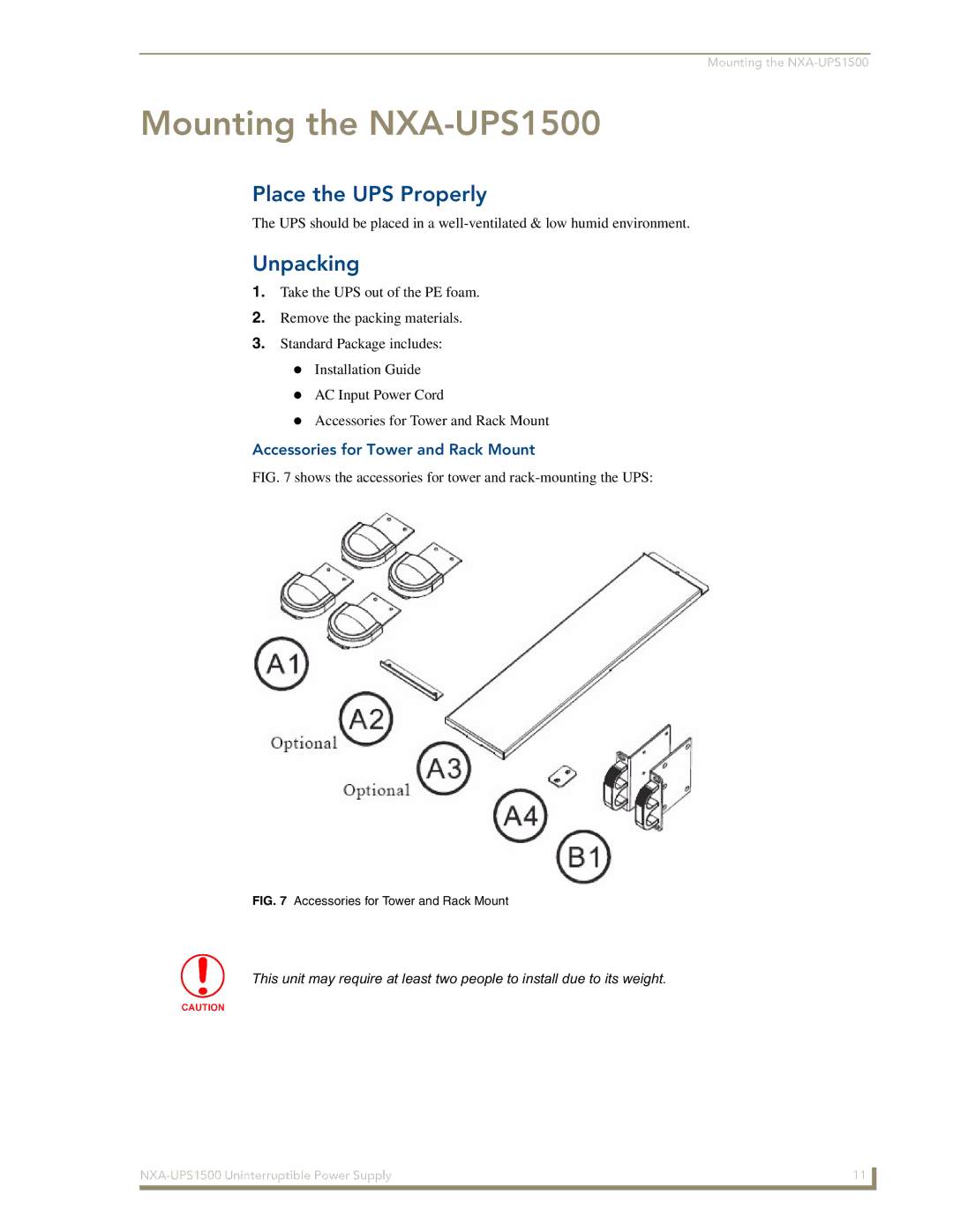 AMX manual Mounting the NXA-UPS1500, Place the UPS Properly, Unpacking, Accessories for Tower and Rack Mount 