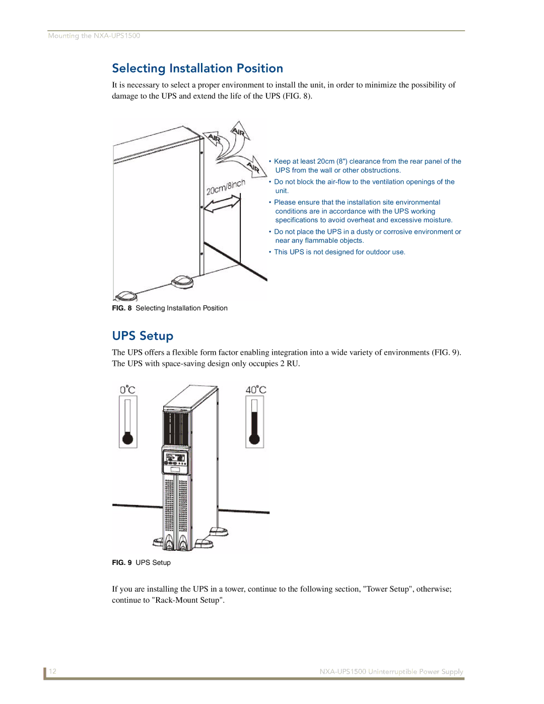 AMX NXA-UPS1500 manual Selecting Installation Position, UPS Setup 