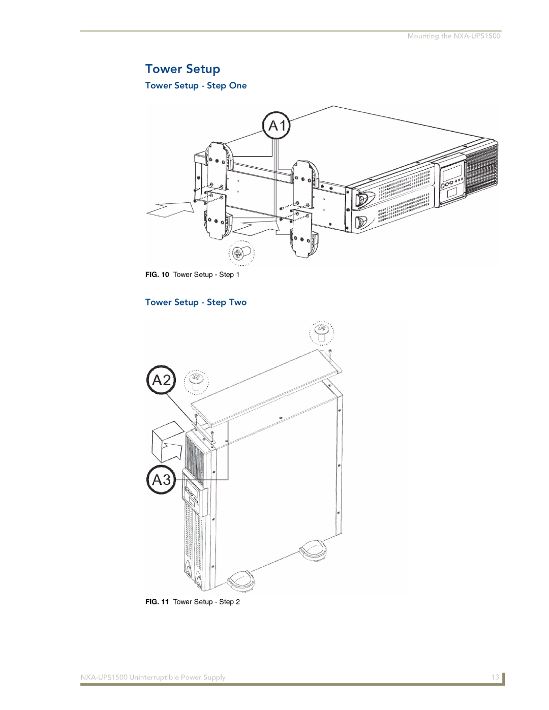 AMX NXA-UPS1500 manual Tower Setup Step One, Tower Setup Step Two 