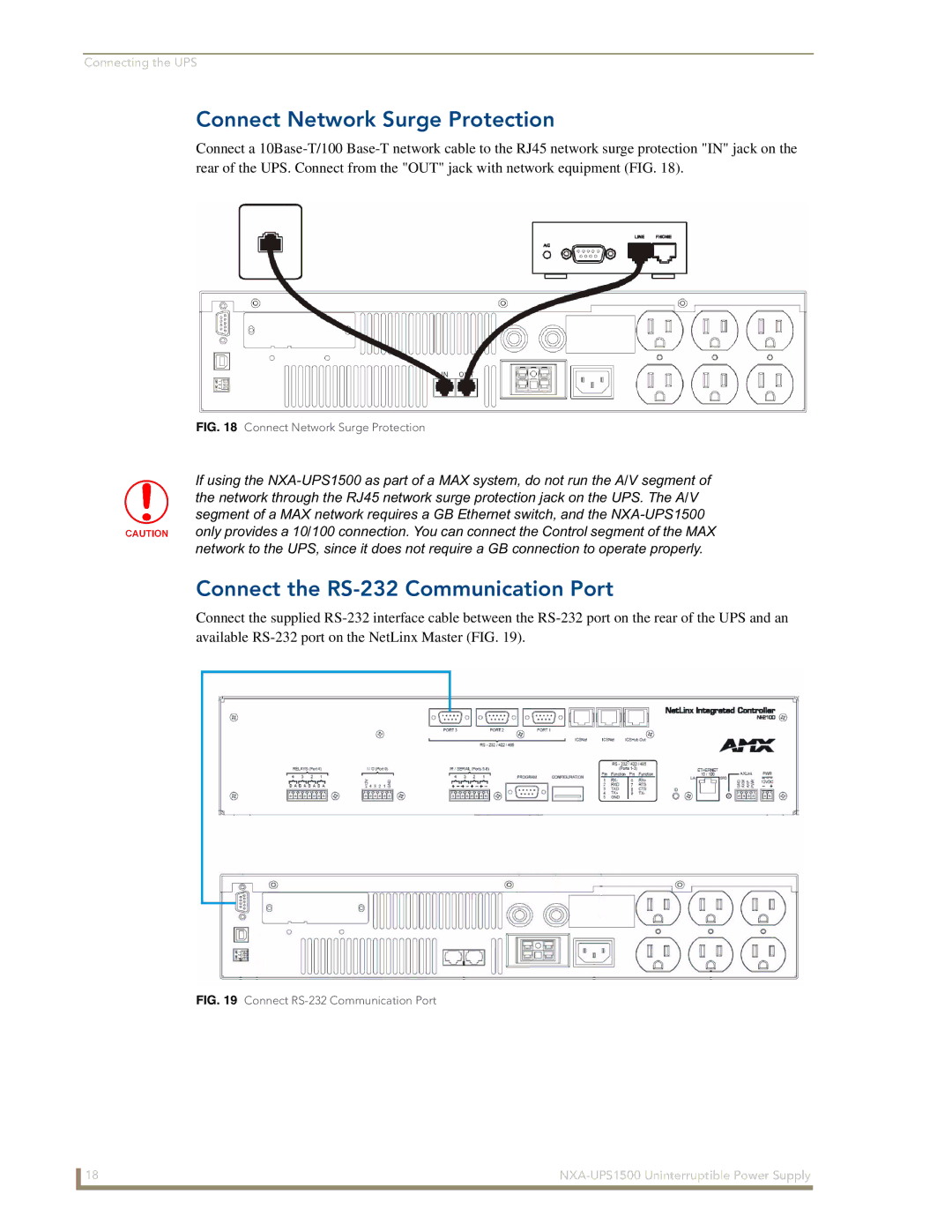 AMX NXA-UPS1500 manual Connect Network Surge Protection, Connect the RS-232 Communication Port 